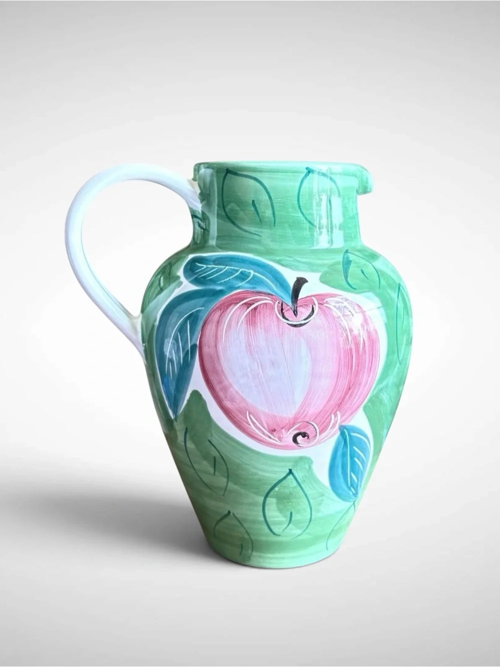 Pier 1 Hand-Painted Majolica Ceramic Pitcher in Pink and Green with Apple Motif